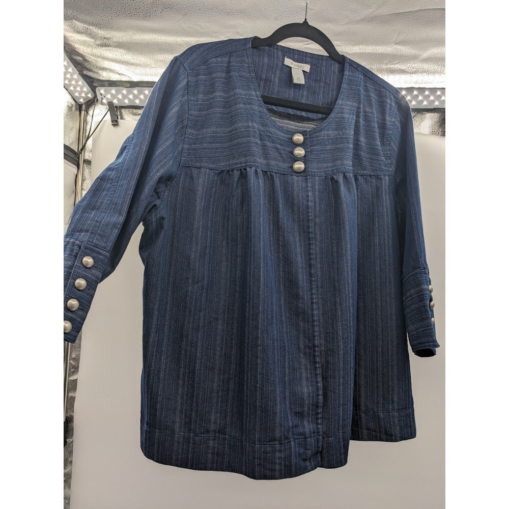 Dressbarn Woman 2010 Blue Striped Tunic Top 3X Button Cuff Cotton Rayon Blend